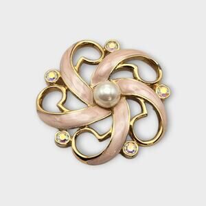 Trifari Vintage Pink Enamel & Faux Pearl Rhinestone Brooch - Soft Romance
